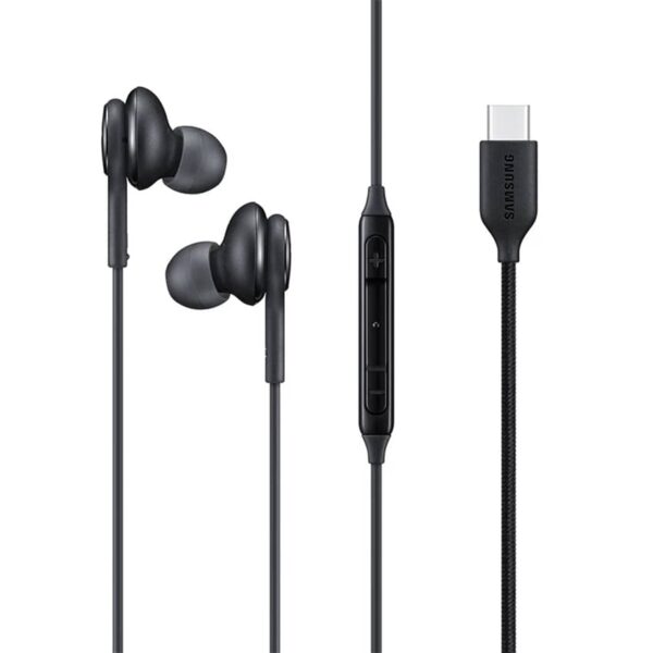 هدست سیمی USB-C سامسونگ AKG T-C با میکروفون و سری‌های ژله‌ای اضافی.